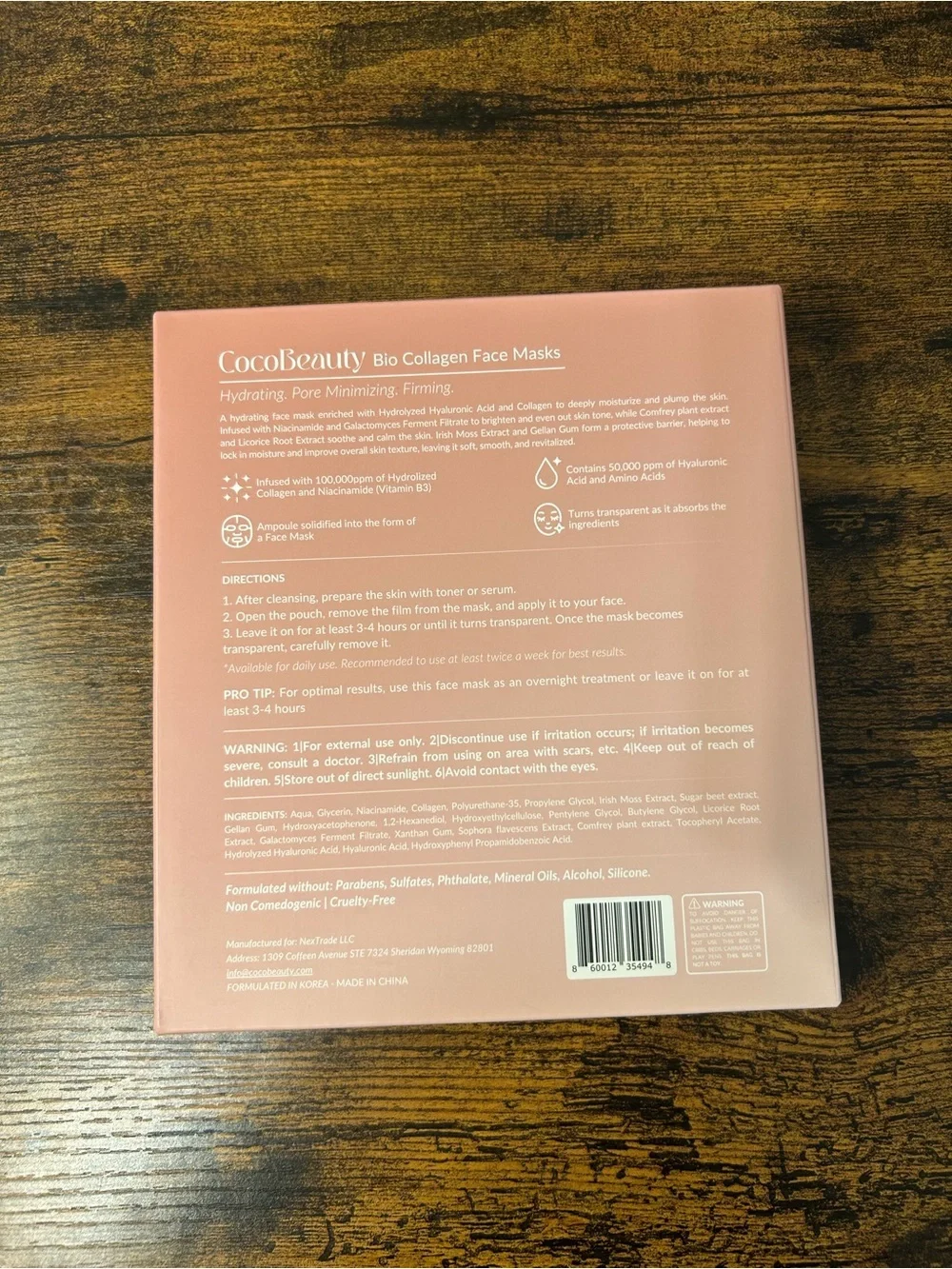 CocoBeauty Bio-Collagen Face Masks 4 Pack Hydrating Firming Pore Minimizing